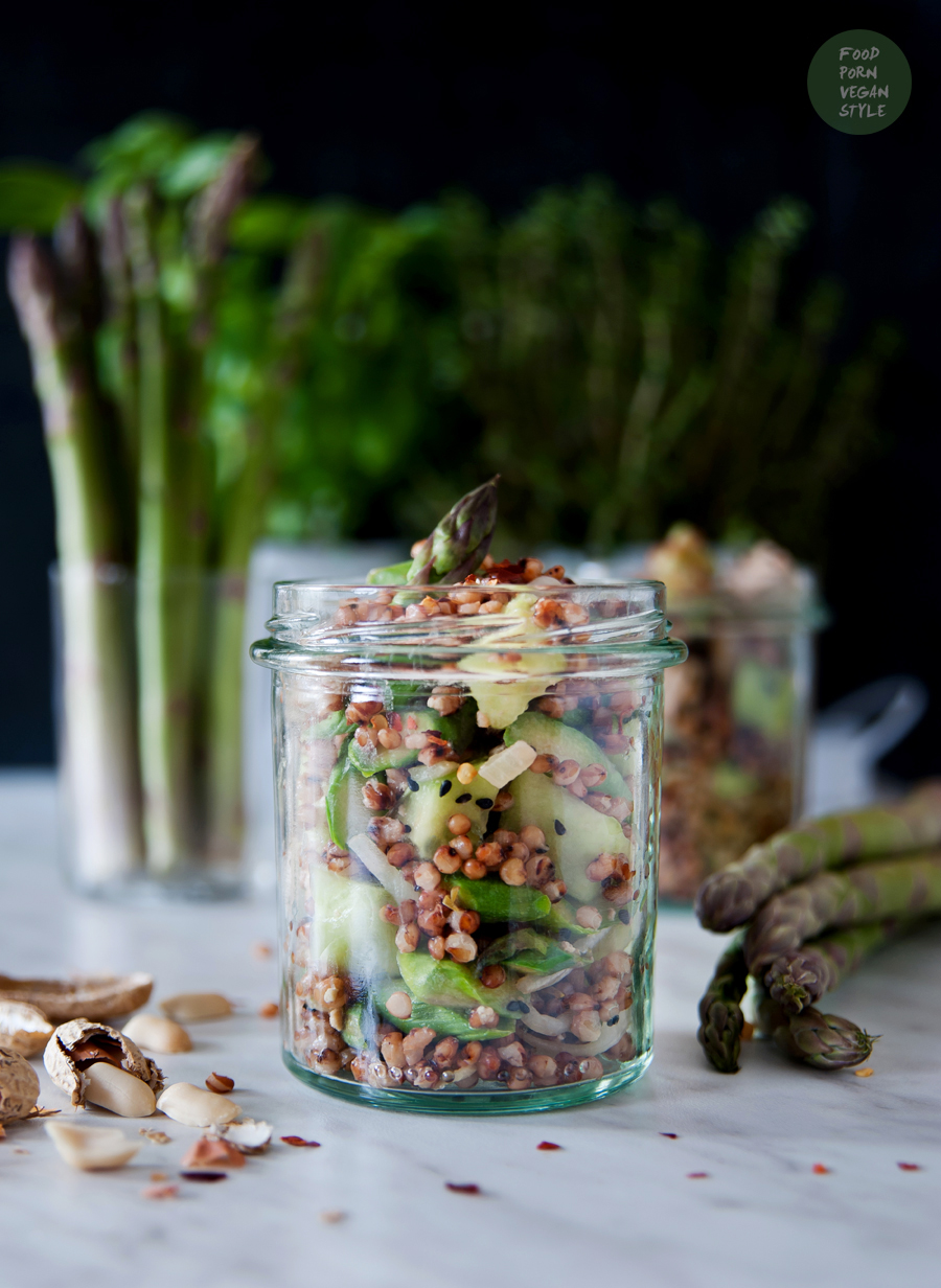 Vegan asian salad with asparagus, sorghum and miso