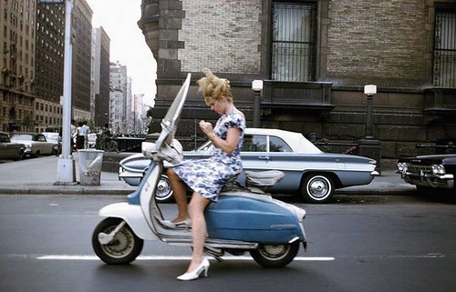 Women on moped, Central Park West and 72nd Street, 1965, by Joel Meyerowitz