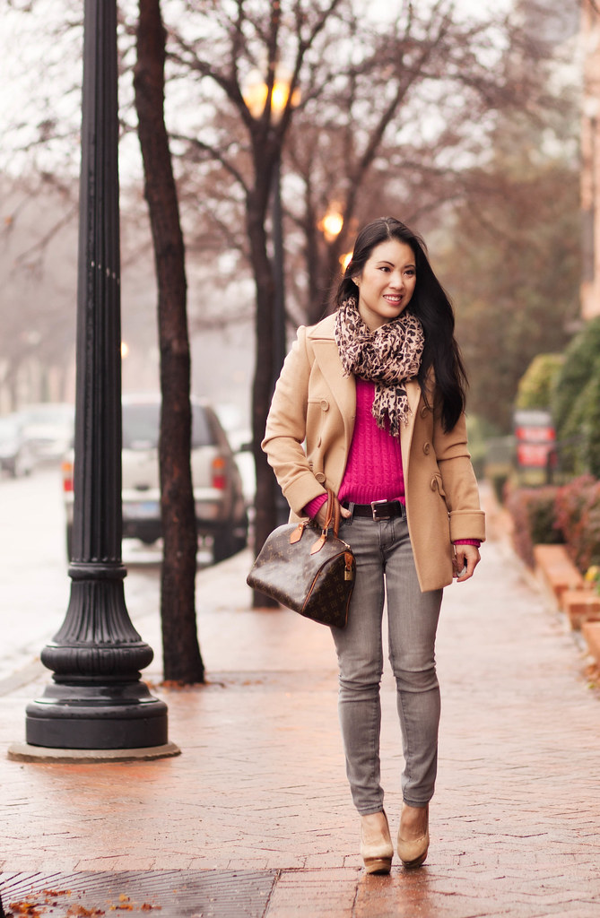 cute & little blog | hot pink sweater, leopard scarf, camel peacoat, gray jeans, speedy 25 outfit