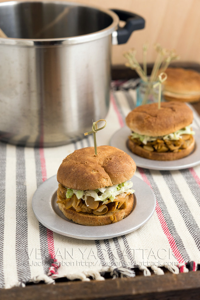Vegan, pressure cooker pulled jackfruit that is perfectly seasoned and spicy! Great in sliders with coleslaw topping.