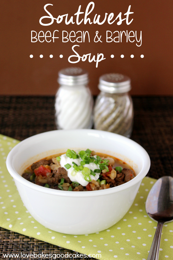 Southwest Beef Bean & Barley Soup in a white bowl with a spoon.