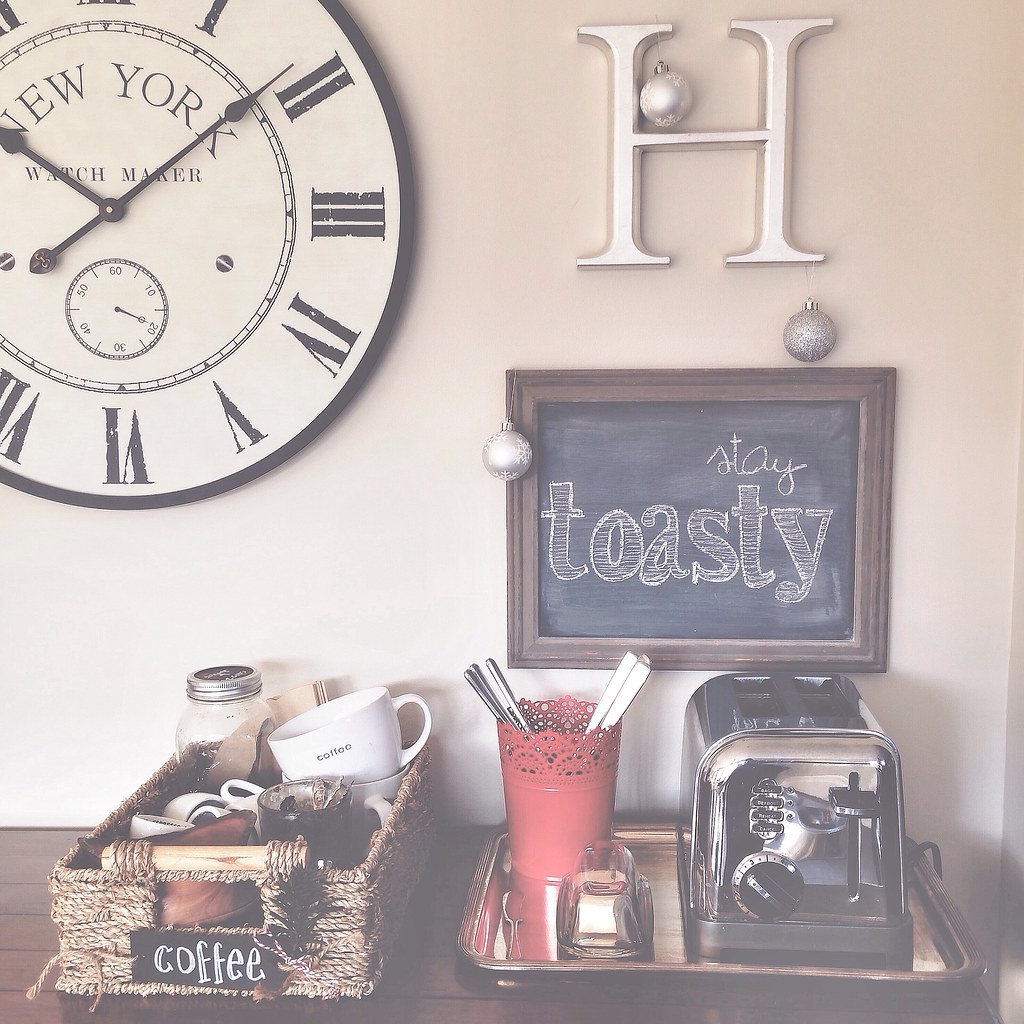Repurposed Kitchen Organizing, coffee and toast supplies with chalkboard art