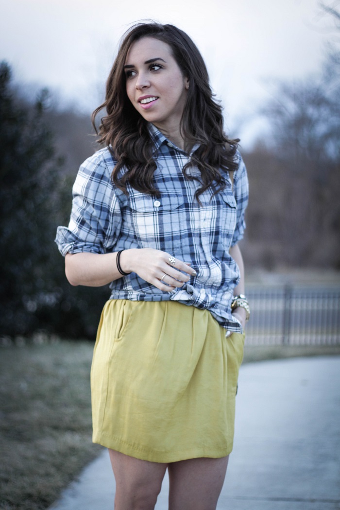 va darling. dc blogger. virginia blogger. plaid mens top. mustard skirt. casual style. street style.