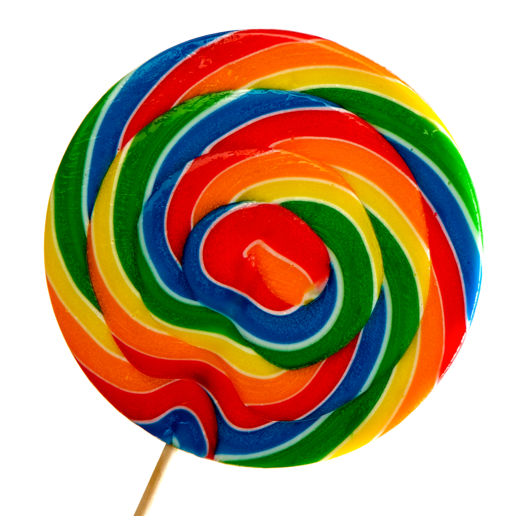 Colorful rainbow lollipop swirl, still life food photography, Photographic art for home and office décor. Title is 124