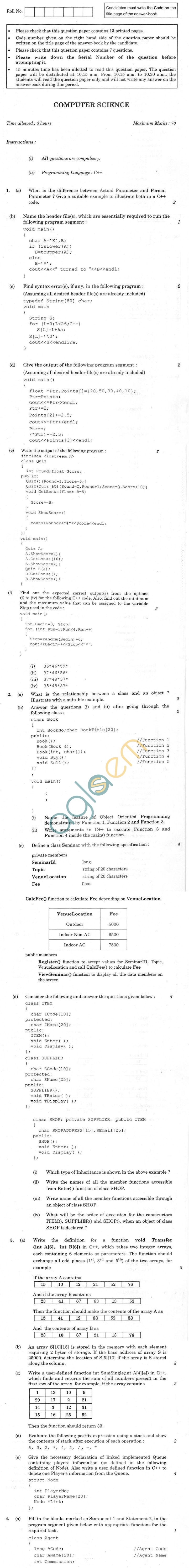 CBSE Compartment Exam 2013 Class XII Question Paper - Computer Science