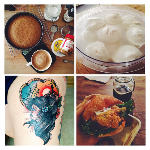 image collage of baking a cake, vegan mozzarella, tattoo on a thigh, and burger