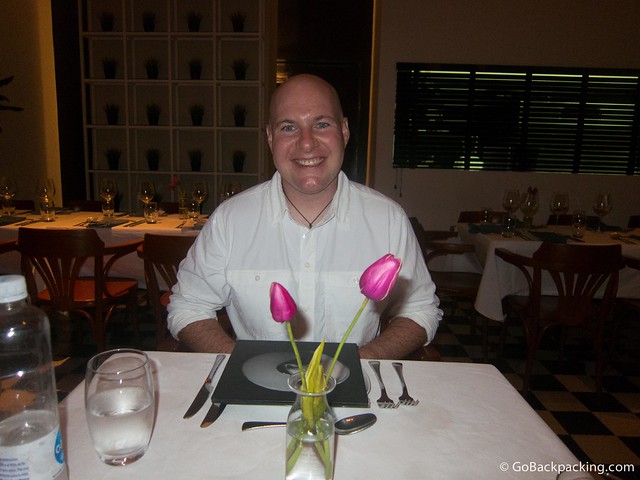 Wearing a white Pick-Pocket Proof Shirt to my birthday dinner at Don Juan in Cartagena
