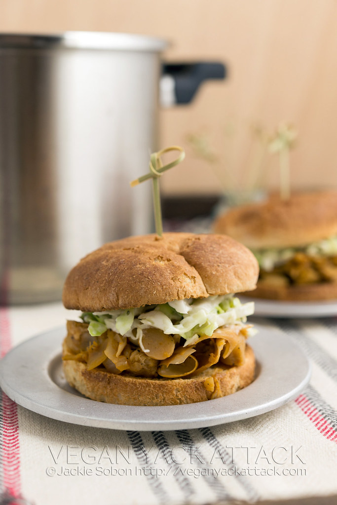 Vegan, pressure cooker pulled jackfruit that is perfectly seasoned and spicy! Great in sliders with coleslaw topping.