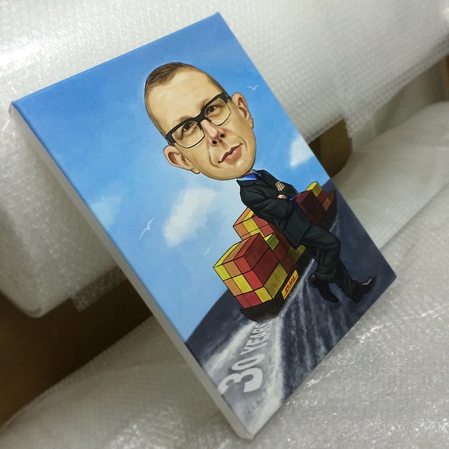 digital caricature painting for DHL printed on stretched canvas