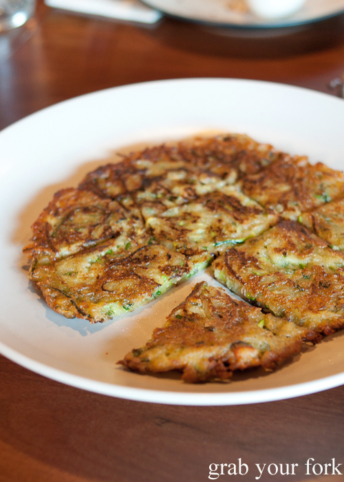 Zucchini and mussel pancake at Moon Park, Redfern