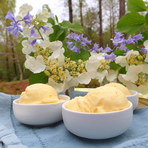 ice cream in bowls with flowers in the background
