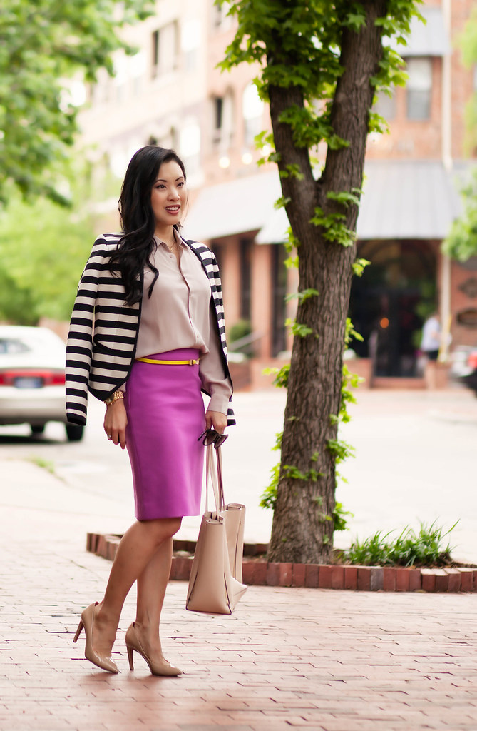cute & little blog | petite fashion | everlane silk point collar shirt, radiant orchid pencil skirt, yellow bow belt, striped blazer | spring outfit