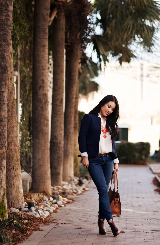 cute & little blog | navy blazer, white blouse, skinny jeans, leopard belt, coral bubble necklace, brown ankle booties outfit