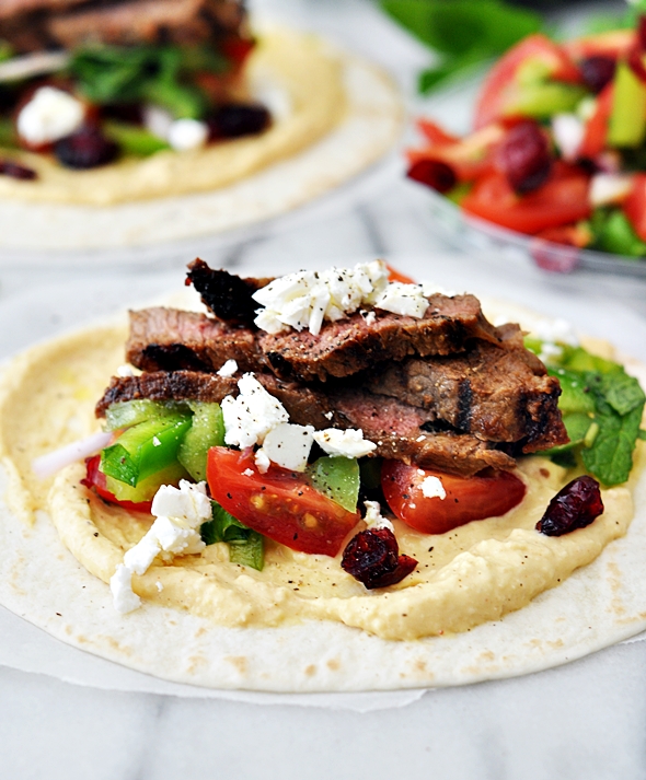 Grilled Cranberry-Glazed Lamb Soft Taco with Hommus, Feta & Tomato-Capsicum-Mint Salsa | www.fussfreecooking.com