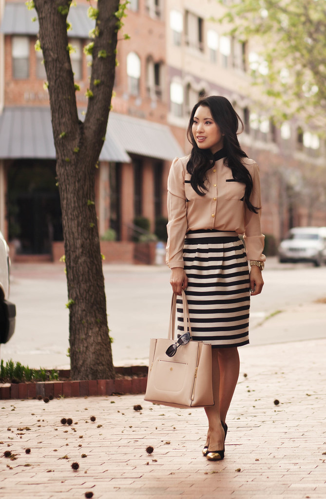 cute & little blog | petite fashion | sammydress pink contrast collar chiffon shirt, striped skirt | spring outfit