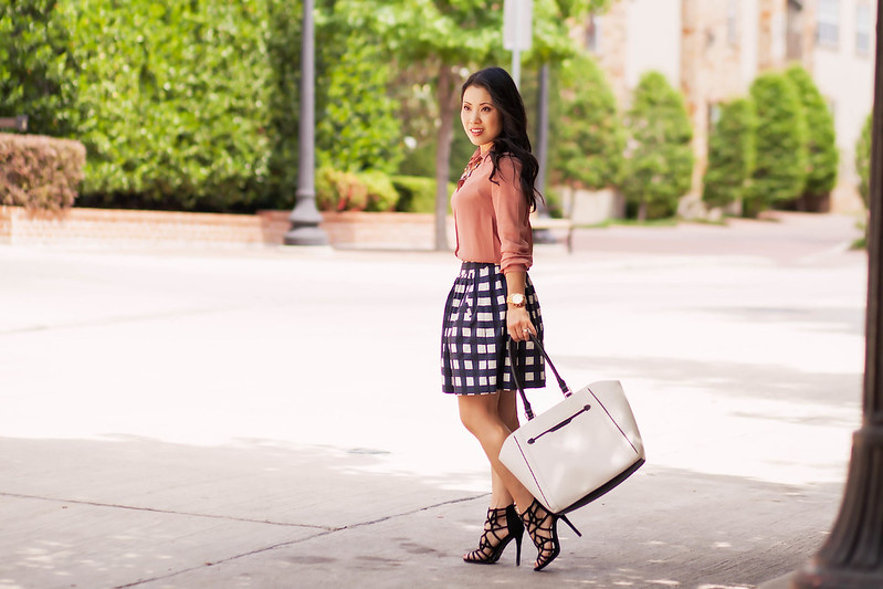 cute & little blog | petite fashion | pink blouse, gingham check skirt, caged sandals, statement necklace | spring outfit