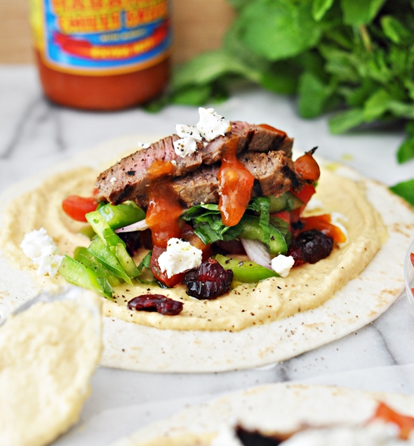 Grilled Cranberry-Glazed Lamb Soft Taco with Hommus, Feta & Tomato-Capsicum-Mint Salsa | www.fussfreecooking.com