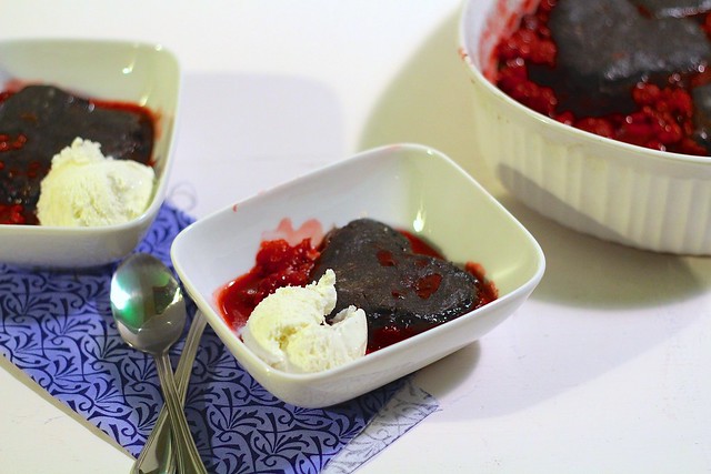 raspberry cobbler with dark chocolate biscuits