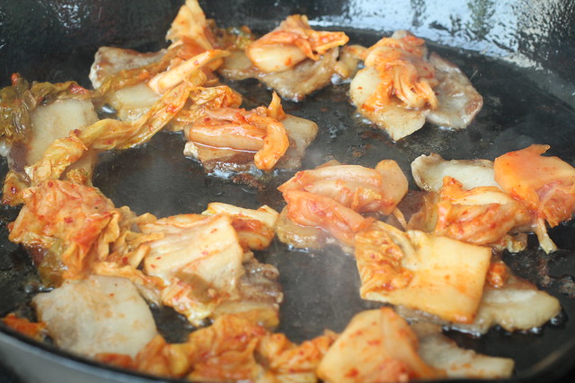 Pork Belly & Kimchi in cast iron pan