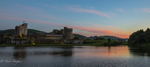 blue light sunset castle water wales duck south moat caerphilly