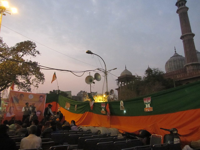 BJP workers readying for a street side meeting right outside Jama Masjid
