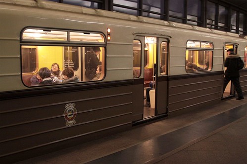 State Emblem of the Soviet Union (featuring hammer and sickle) on a replica-1934 Moscow Metro train