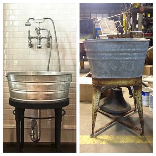 Laundry room sink inspiration on the left: Awesome find at a flea market on the right. Having the wash basin sand blasted to get rid of rust and ready to restore - total cost will be less than $60! #34thStProject