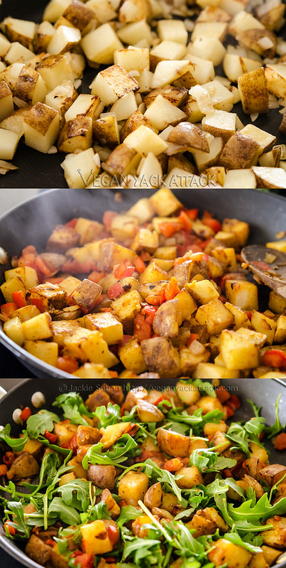 Image collage of making potato hash in a skillet