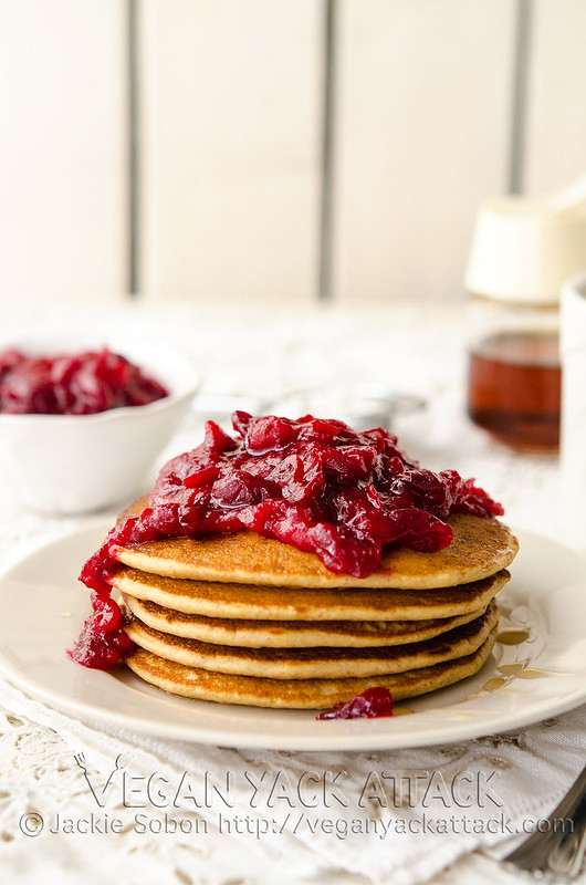 Use leftover cranberry sauce, or make your own citrus-y version, to top these fluffy, Cranberry Orange Pancakes! Vegan, Soy-free, Nut-free