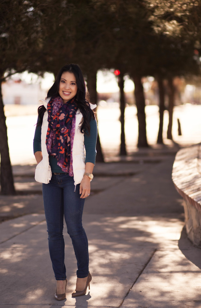 cute & little blog | navy scarf, white quilted puffer vest, teal sweater, henry & belle super skinny ankle jeans outfit