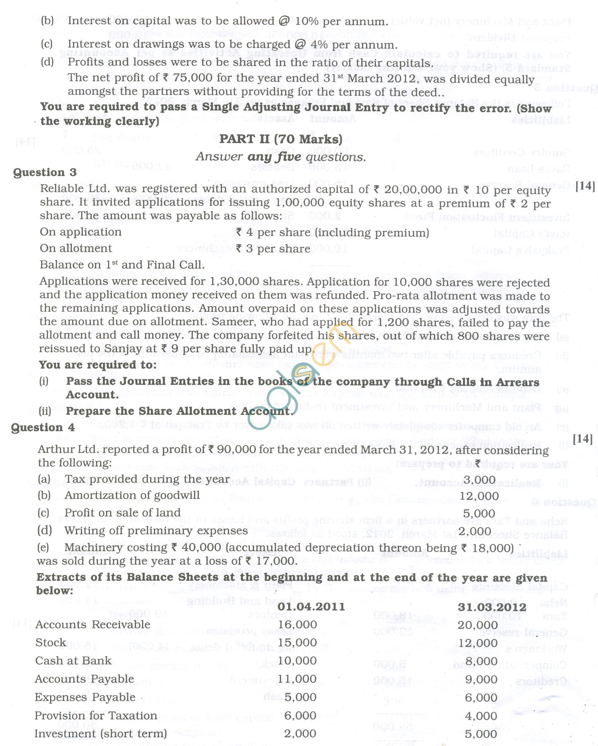 ISC Question Papers 2013 for Class 12 - Accounts
