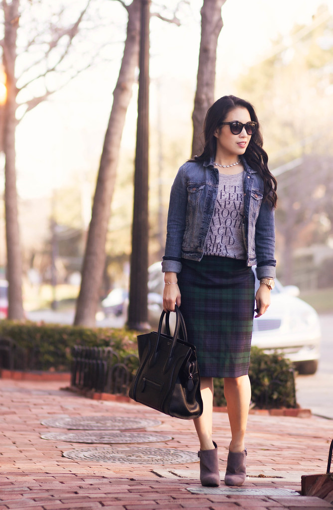 cute & little blog | denim jean jacket, graphic j. crew tee, plaid pencil skirt, gray ankle boots outfit