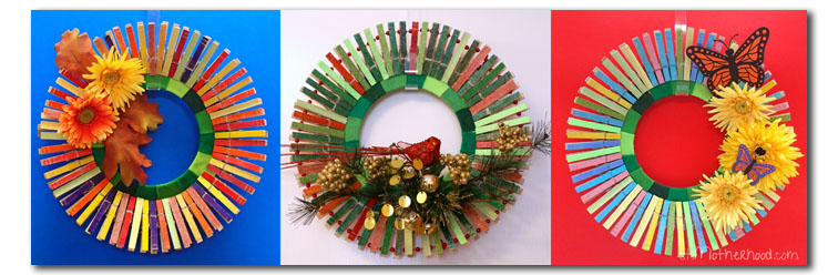 clothespin wreath in fall, winter and spring