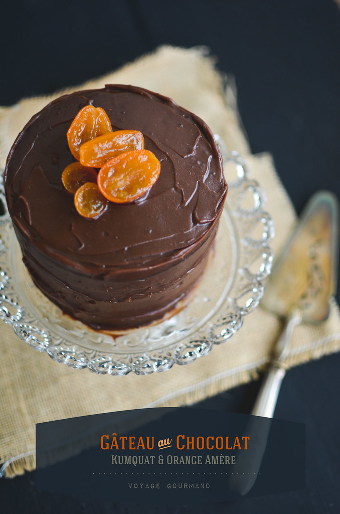 Gâteau au chocolat, kumquat confit et orange amère