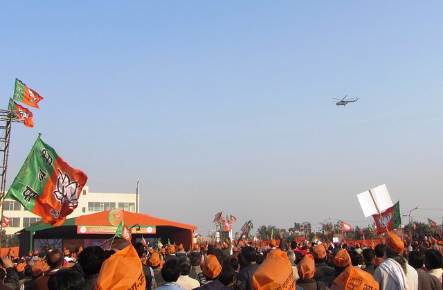 The helicopter in which Prime Minister Narendra Modi arrived for the BJP rally at Karkardooma in East Delhi on Saturday.