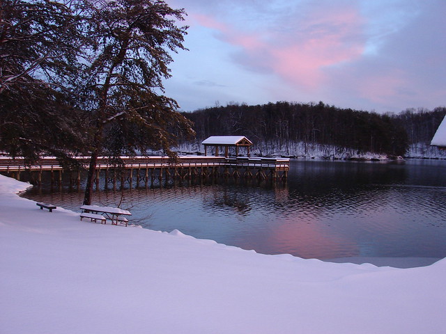 The fishing pier at Smith Mountain Lake State Park in winter.
