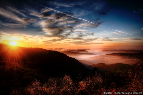 blue autumn sunset red sky italy panorama mist mountain mountains alps fall nature colors fog clouds landscapes woods view horizon hills mount valley gradient contrasts hdr dreamscape riccardomantero riccardomariamantero ljsilver71