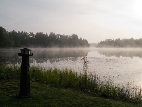family mist lake sunrise cabin