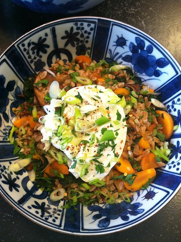 Fried farro with pickled carrots and runny eggs Alexandra