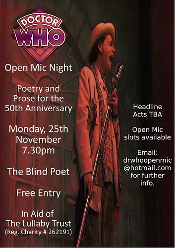Doctor Who Open Mic Monday 25, 7.30pm. The Blind Poet, 32 West Nicolson Street,  EH8 9DD