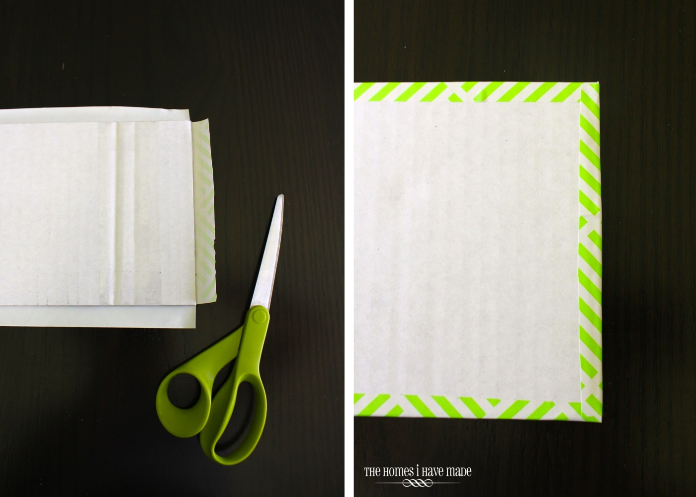 diagram showing you how to cut and cover a piece of cardboard with contact paper.