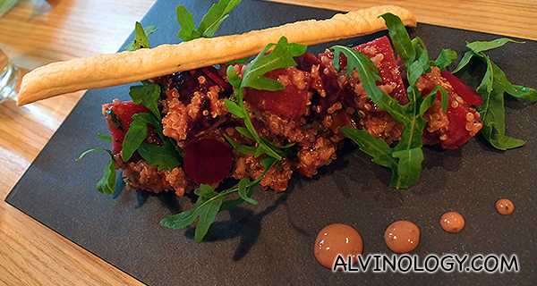Beetroot Quinoa Salad - Candied beetroot, arugula, herby flatbread strips (S$12)