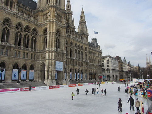 Outdoor skating in an old city square