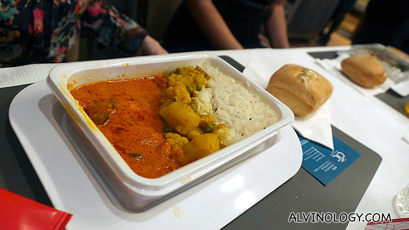 Paneer butter masala, curried cauliflower, potato and peas with steamed rice (vegetarian option) 