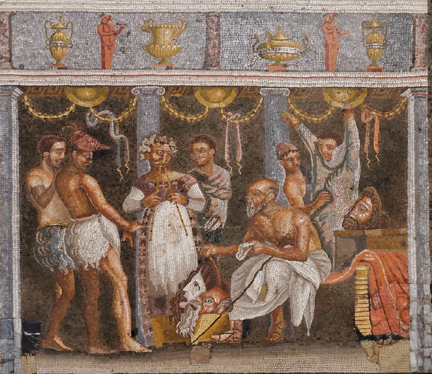 Actores romanos en plena interpretación. Mosaico conservado en el Museo arqueológico nacional de Nápoles