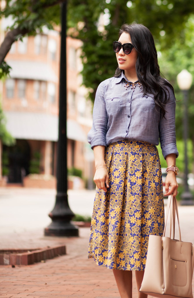 cute & little blog | petite fashion | chambray shirt, white plum donna flower skirt, gold pumps, oasap statement necklace | spring outfit
