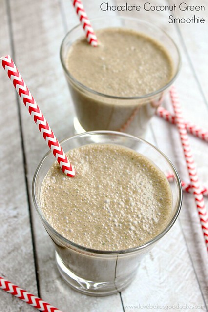 Chocolate Coconut Green Smoothie with Carnation Breakfast Essentials in two glasses with straws.