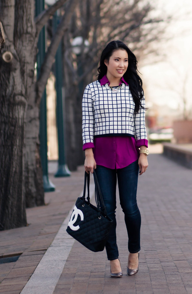 cute & little blog | cropped top layering outfit | windowpane crop top, radiant orchid shirt, chloe + isabel necklace, chanel tote