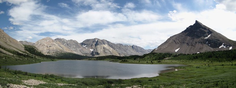 Baker Lake, Lychnis Mountain, Tilted Mountain, and Brachiopod Mountain on the Skoki Lakes Trail