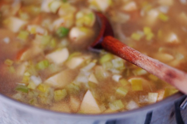 Potato leek soup before blending by Eve Fox, the Garden of Eating, copyright 2015